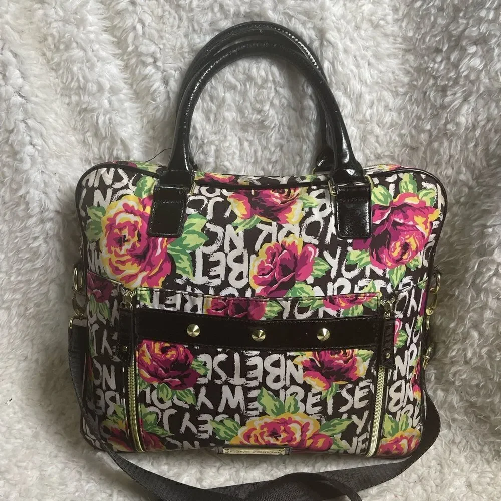 Betsey Johnson Nylon colorful large laptop shoulder bag black patent trim &strap